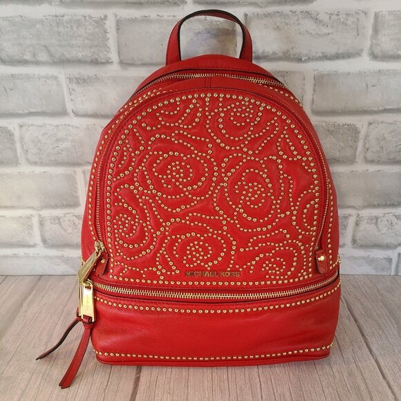Michael Kors Rhea MD Studded Messenger Backpack Red Rose Motif Leather - Picture 1 of 12